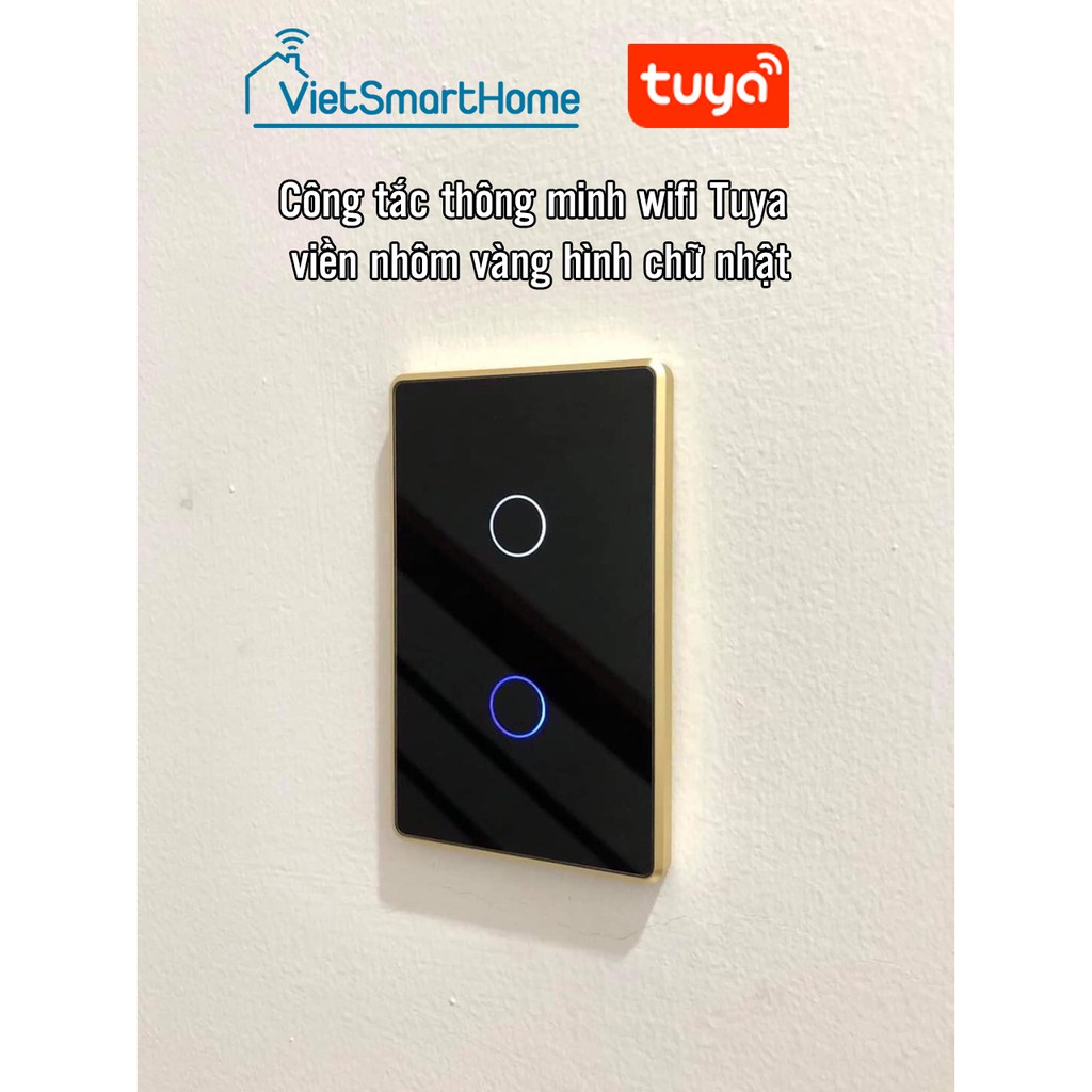 Công tắc thông minh wifi Tuya có viền nhôm vàng hình chữ nhật
