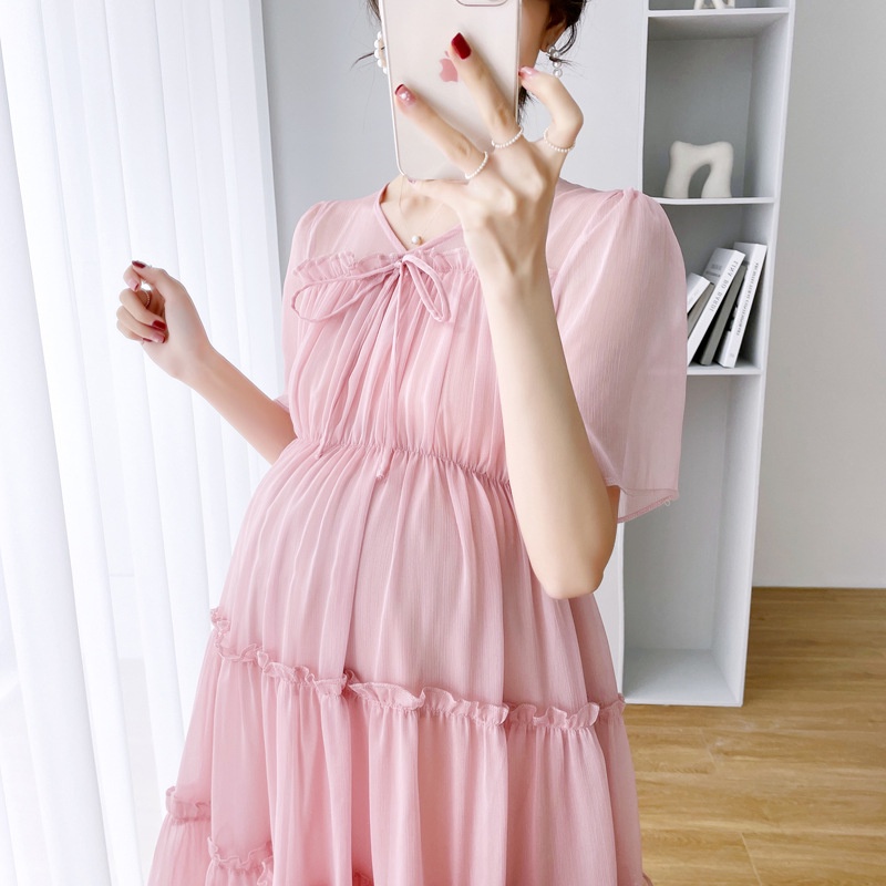 Đầm bầu chất voan tơ  mềm có lớp lót màu hồng
