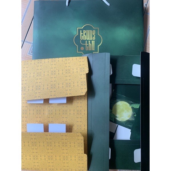 Bộ túi & hộp giấy 2 bánh 4 bánh trung thu 125-250g mẫu Dạ Cầm-kèm dao dĩa