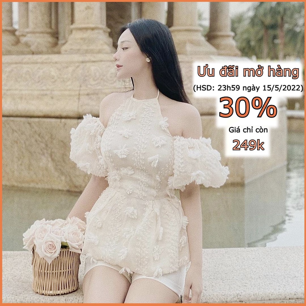 Áo cổ yếm nữ chất tơ hoa [2 Lớp] Áo kiểu trễ vai tay bồng dáng xòe A-CY3