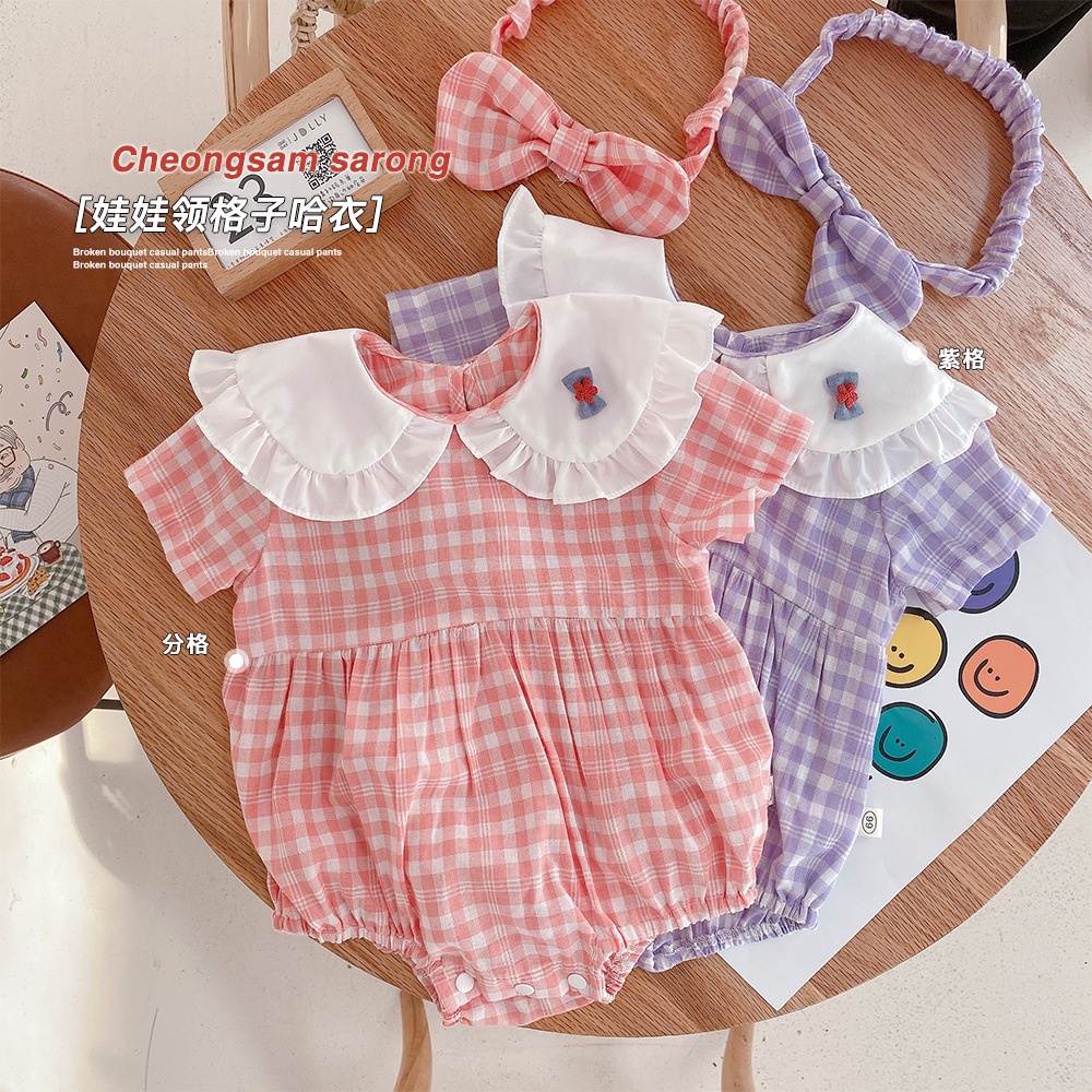 Bộ áo liền quần tay ngắn cổ búp bê kẻ sọc caro xinh xắn thời trang cho bé gái