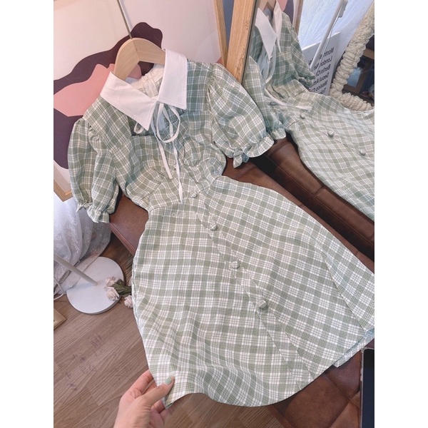 ĐẦM CARO XANH CUT OUT NGỰC CỔ SƠ MI