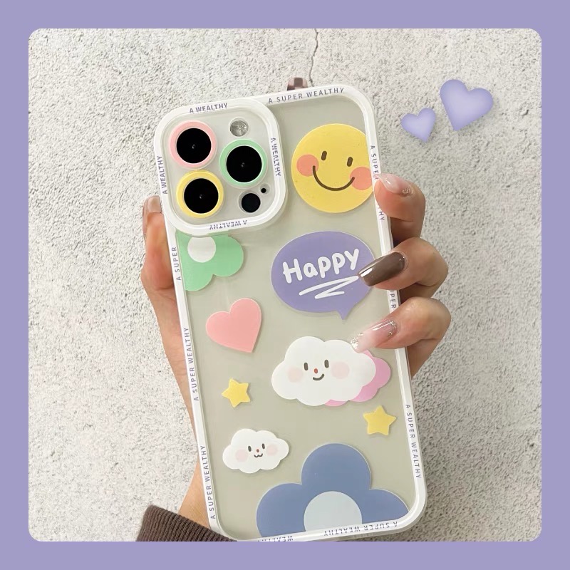𝐂𝐨́ 𝐬𝐚̆̃𝐧 𝐜𝐡𝐨 𝐢𝐏𝐡𝐨𝐧𝐞 𝟏𝟑 Ốp mây Happy cute cạnh vuông chắc tay, không kèm móc lò xo