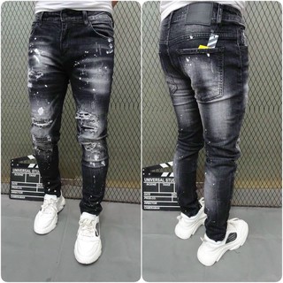 Quần Jean Nam Màu Đen + Xanh Đen, Chất Bò Co Dãn, Dáng Ôm Hoặc Vừa Vận Động Thoải Mái, Style Cào Nhẹ + Rách + Phối Sơn