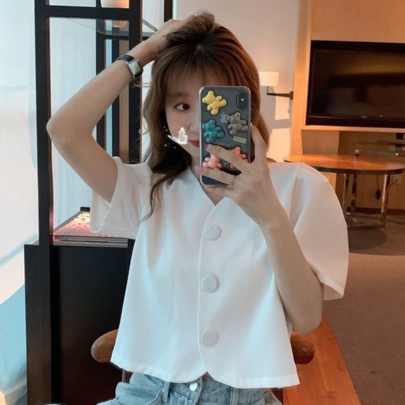 Áo Sơ Mi Chiffon Tay Ngắn Phồng Cổ Chữ V Phong Cách Hàn Quốc Mẫu Mới Mùa Hè 2022 Dành Cho Nữ