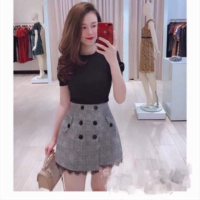 Chân váy kẻ phối ren siêu đẹp