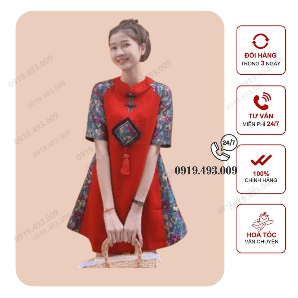 Đầm dự tiệc, Áo dài cách tân phong cách, đầm đỏ sườn xám phối gấm hoa cao cấp Cao Cấp [Sale siêu sốc]