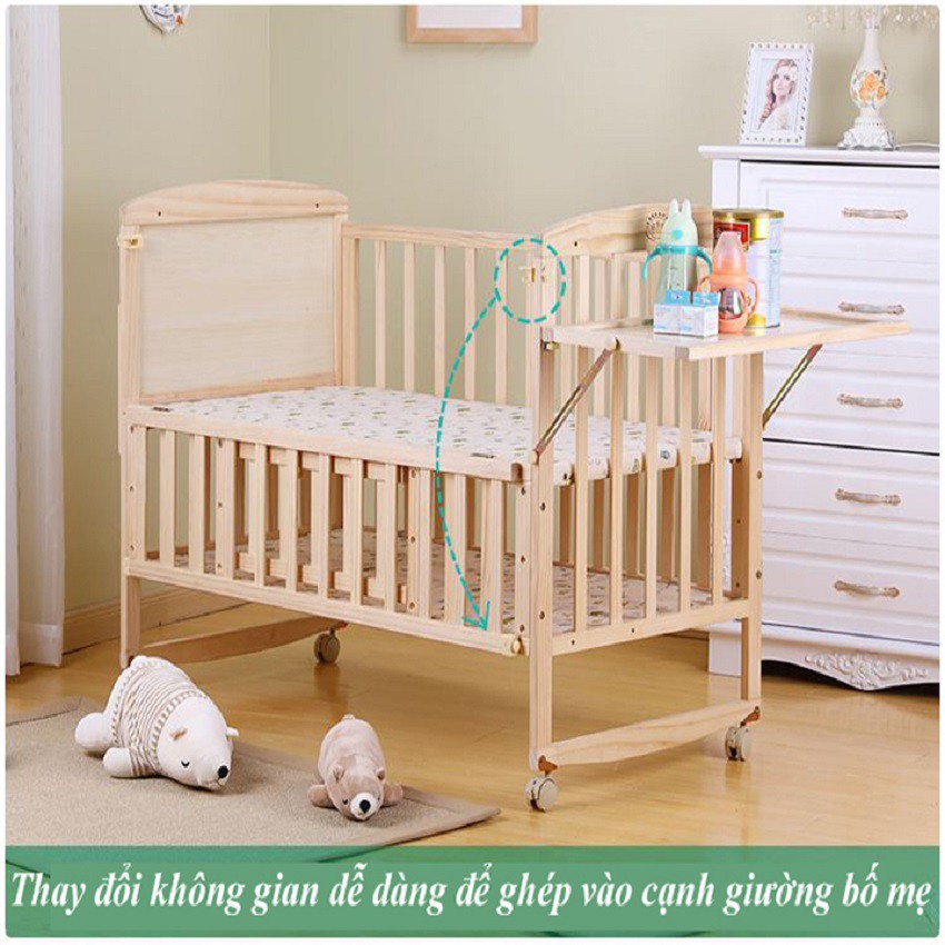 ( Tặng Màn) Giường cũi gỗ thông cỡ đại size 120*70*102cm.Cũi gỗ 2 tầng kèm 1 bàn ăn và 1 bàn thay tã cho bé HAPPY HOME