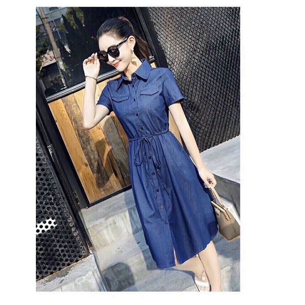 Đầm jean nữ xoè eo dây rút
