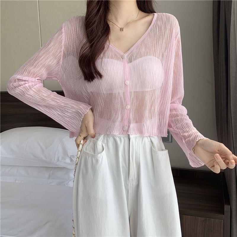 Áo Khoác Cardigan Ngắn Dệt Kim Vải Lụa Lạnh Mỏng Xuyên Thấu Thời Trang Mùa Hè Cho Nữ