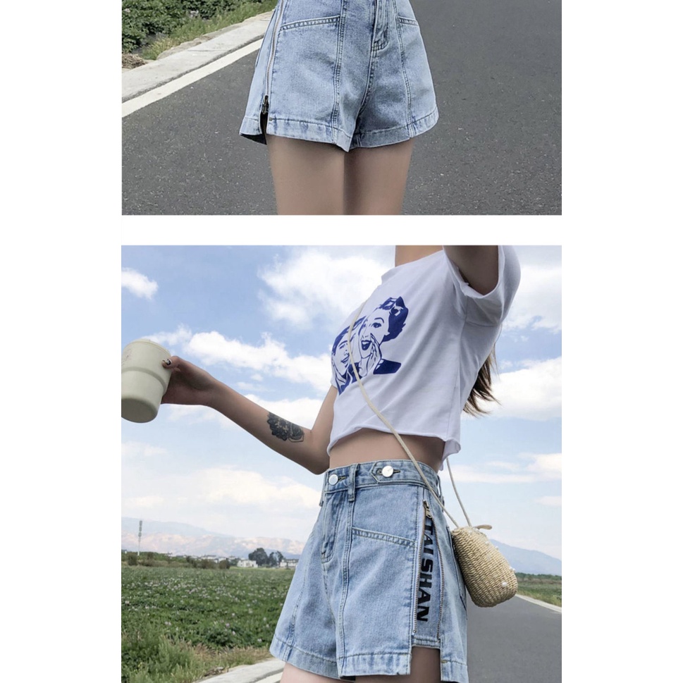 Quần Short Denim Ống Rộng Lưng Cao Thời Trang Mùa Hè Hàn Quốc Màu Đen/Xám 2022 Dành Cho Nữ