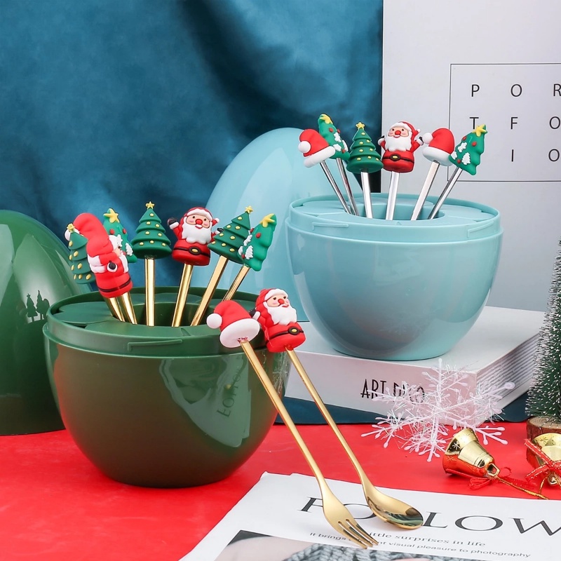 Set 2 Món Muỗng Nĩa / Nĩa / Tráng Miệng Hình Ông Già Noel Tuần Lộc Hoạt Hình Bằng Thép Không Gỉ Kèm Hộp Đựng