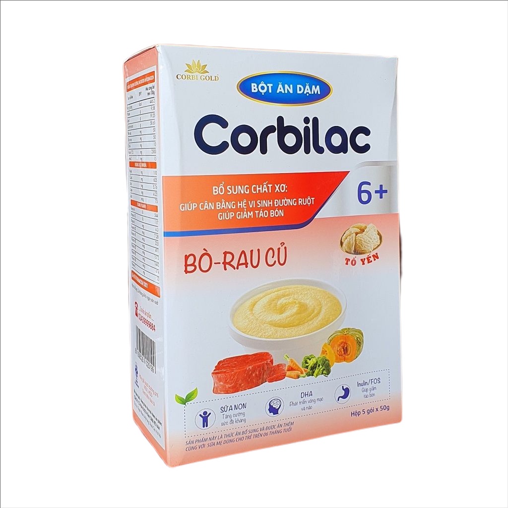 Bột ăn dặm bổ sung sữa non, yến sào cho trẻ Corbilac - Bò rau củ (Hộp 5 gói x 50g)