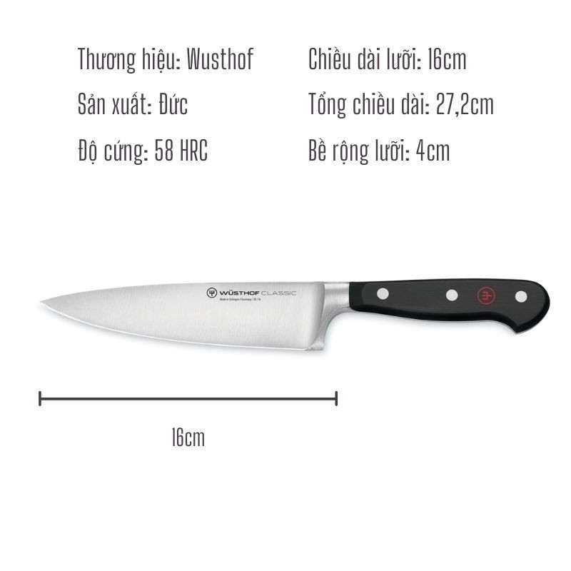 Dao bếp dao thái thịt Wusthof Classic nhập khẩu chính hãng từ Đức chất liệu thép không gỉ cao cấp 16cm