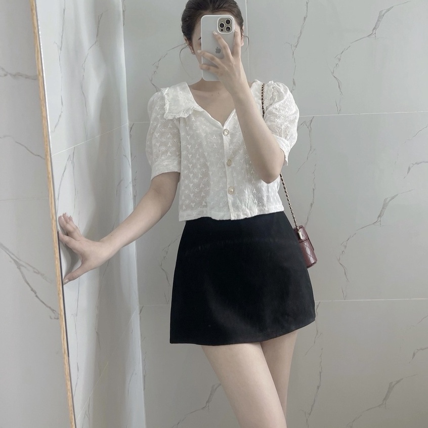 Chân váy đen chữ a ngắn công sở dáng dài ôm xòe nhẹ cạp liền có quần trong xếp 2 viền ly - Chân váy cạp lưng cao bigsize