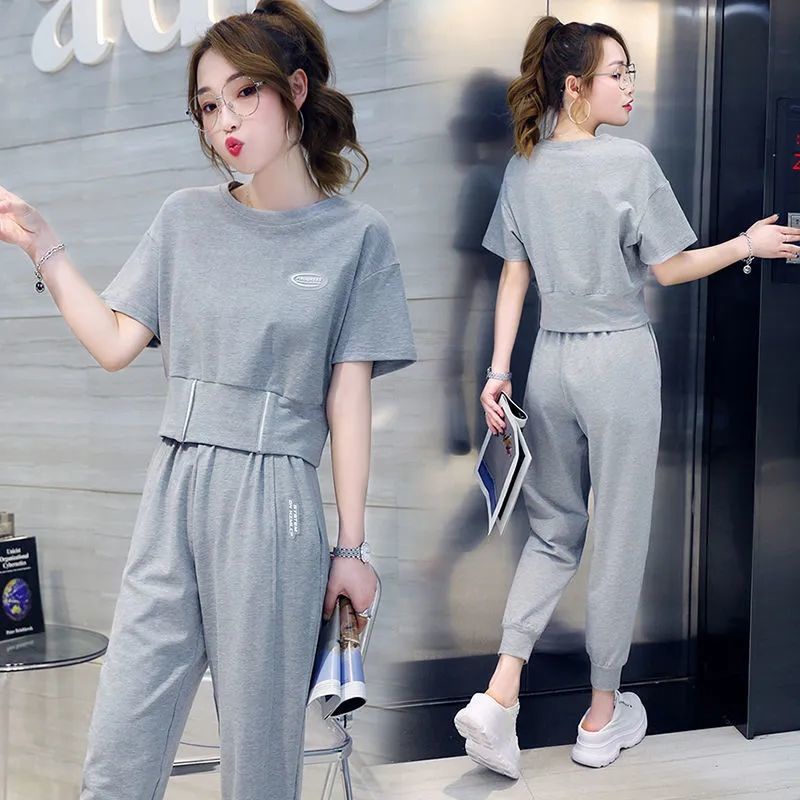 Set áo thun tay ngắn dáng rộng + quần dài phong cách thể thao năng động cho nữ (có bán lẻ)