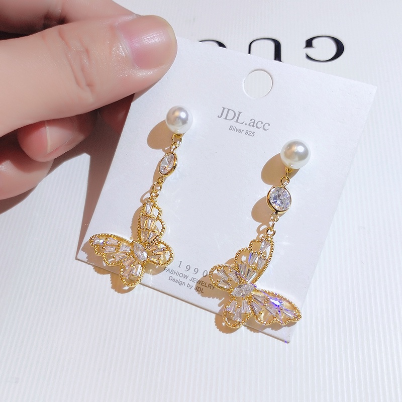 Hoa tai JIUDUOLAN dáng dài đính đá opal zircon ngọc trai mặt hình bướm màu vàng thanh lịch thời trang cho nữ