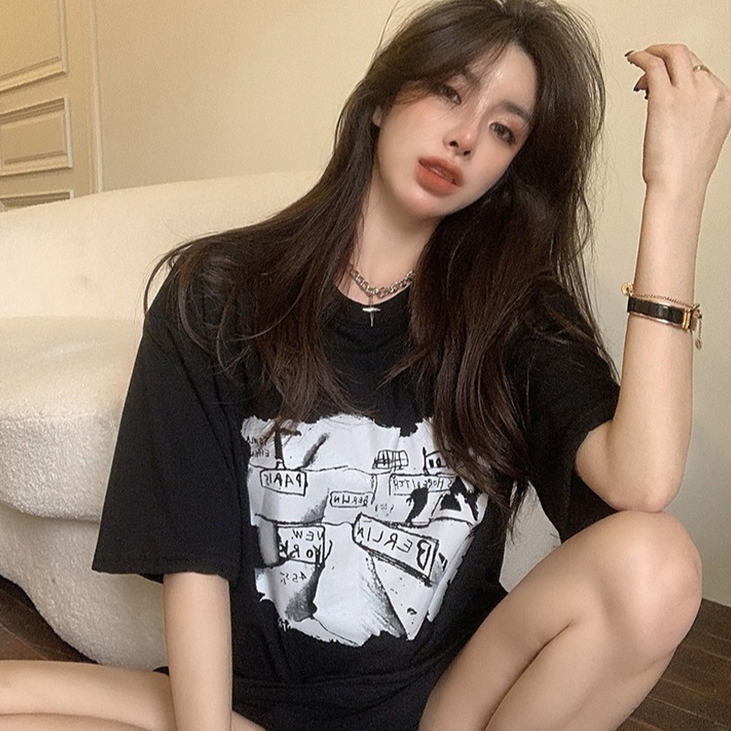 Áo Thun Ngắn Tay Dáng Rộng In Họa Tiết Thời Trang Mùa Hè Hàn Quốc Dành Cho Nữ