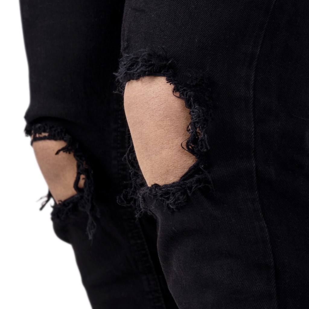 Quần jean nam streetwear cao cấp FNOS Z9 màu đen rách gối form slimfit có zip jean co giãn | BigBuy360 - bigbuy360.vn