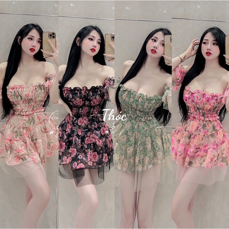 Set áo chun hoa + chân váy xoè