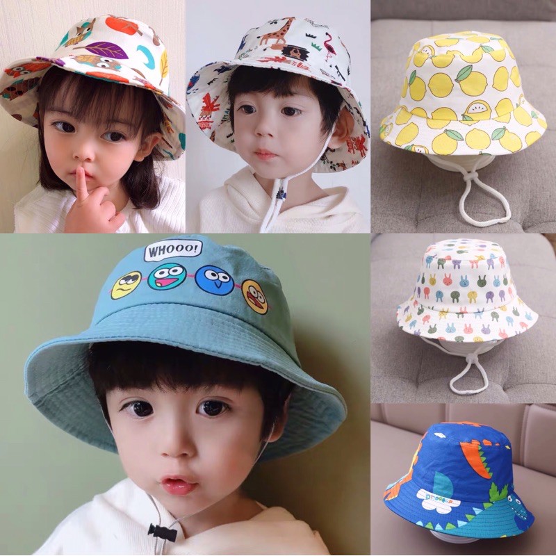 Bonstore mũ cotton cho bé có vành dây buộc chống gió bay