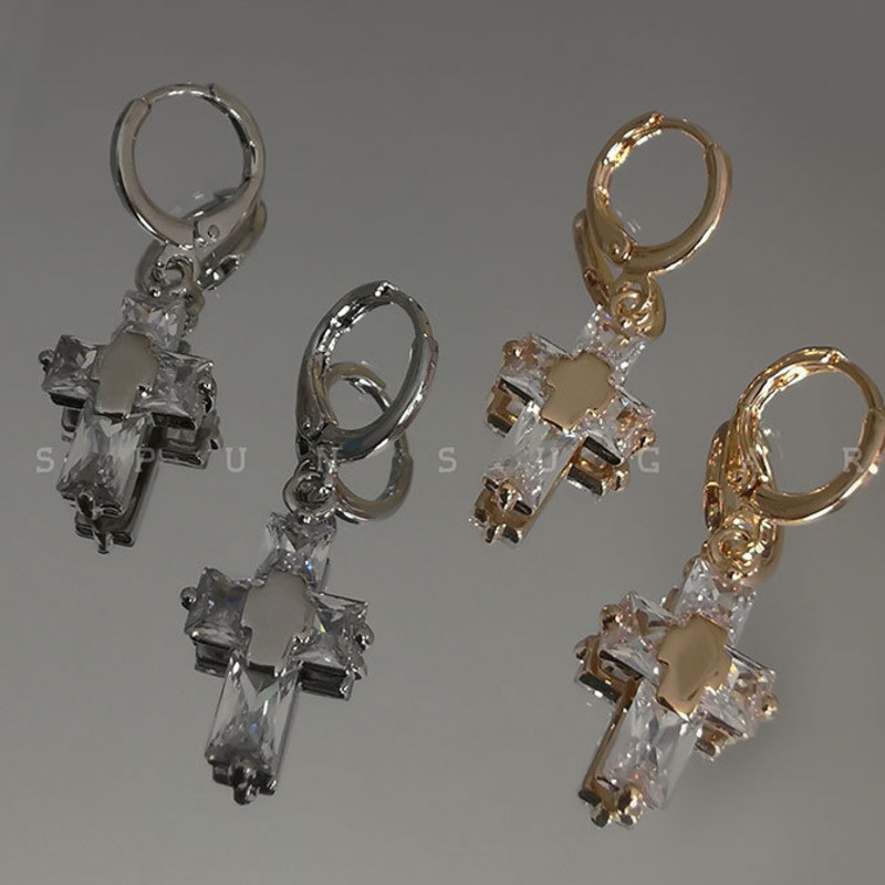 Bông tai hình thánh giá đính đá phong cách hiphop thời trang tinh tế retro sang trọng 19A1556