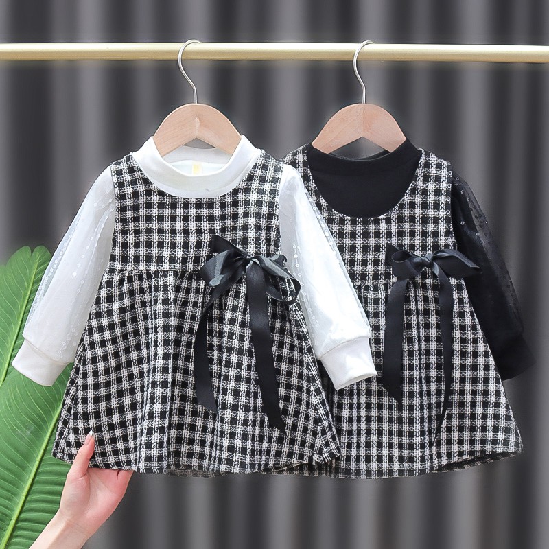 Xiaoxiang Váy Kẻ Sọc Caro Một Mảnh Cho Bé Gái & Có Thể