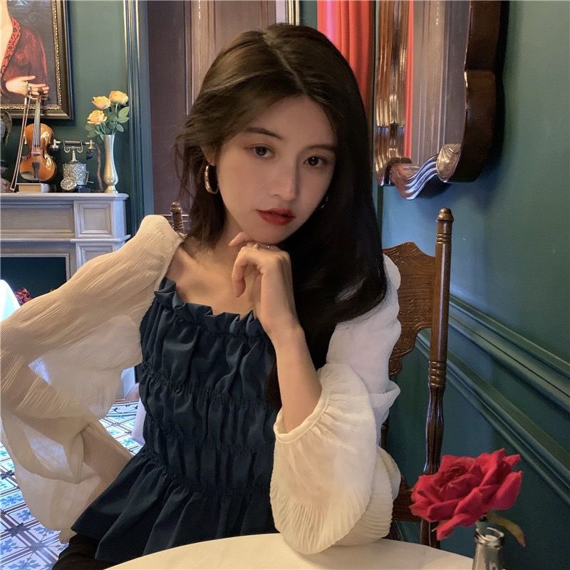 Áo sơ mi IELGY dài tay cổ vuông phong cách Pháp thời trang cho nữ