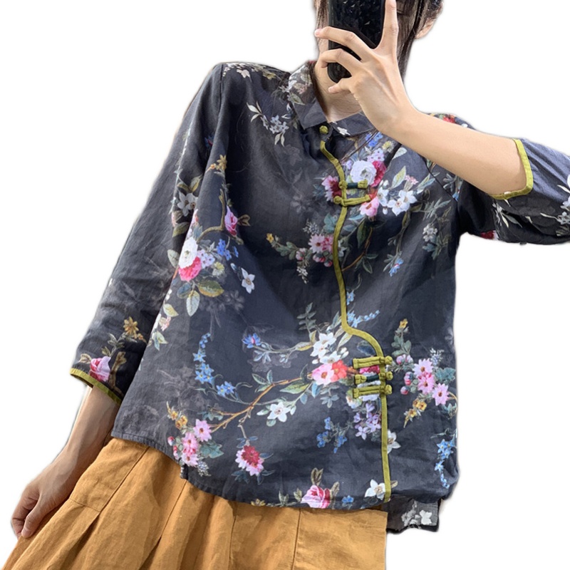 Áo sơ mi nữ dài tay dáng rộng vải linen in hoa quần áo chữ Quốc phong cách Văn Học mùa thu
