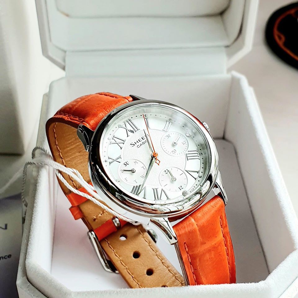 Đồng hồ Nữ Casio Sheen SHE-3049L-7A Dây da cam Trẻ trung Chống nước 50 mét