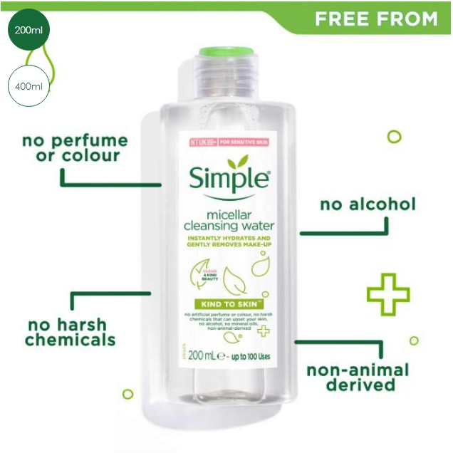 Nước tẩy trang Simple kind to skin micellar cleansing water 200Ml cho da dầu nhạy cảm chính hãng (date xa)