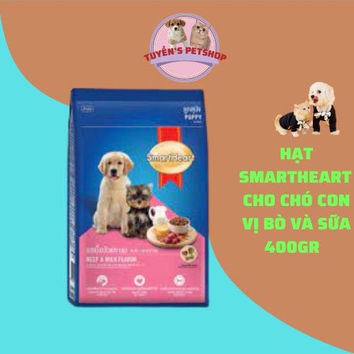 Thức ăn hạt chó con smartheart 400gr vị thịt bò và sữa