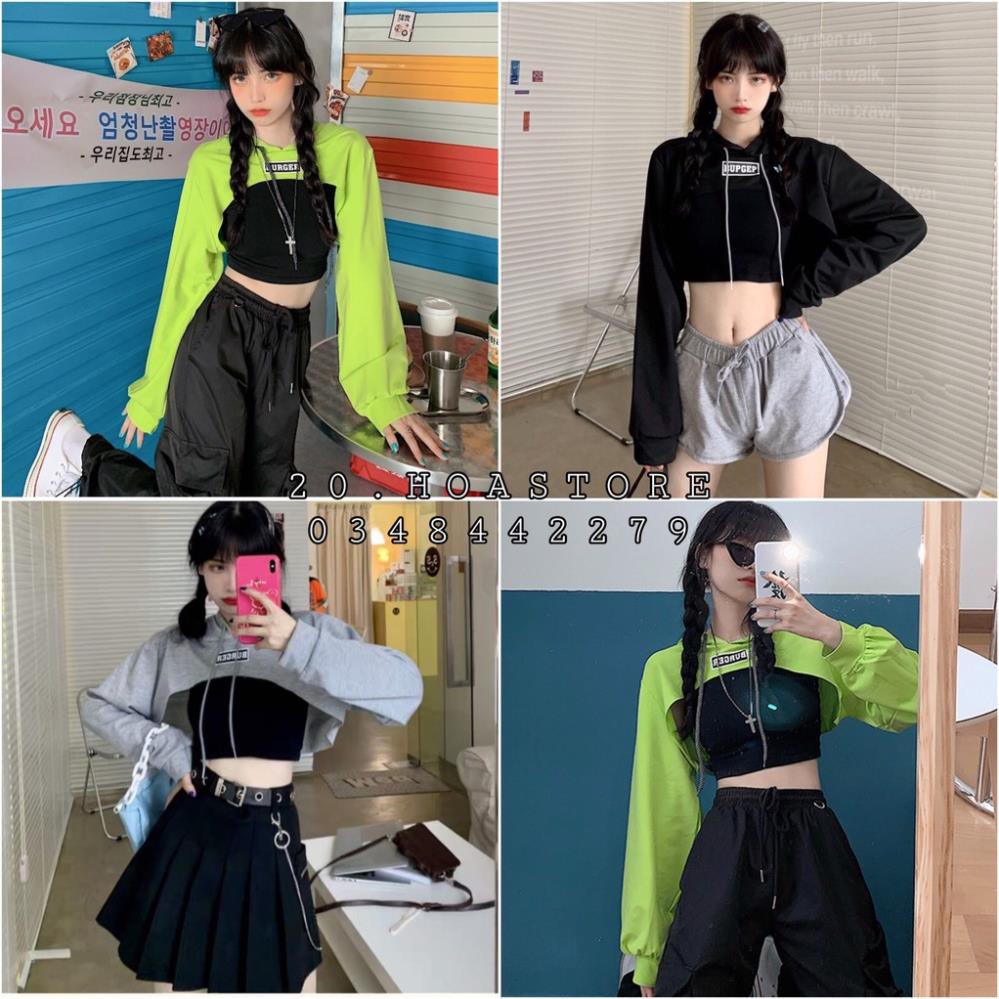 SET 2 MÓN Áo CROPTOP HOODIE BURGER Dài Tay Xanh Đen Xám mix Áo Body Đen Hot Đẹp 💝