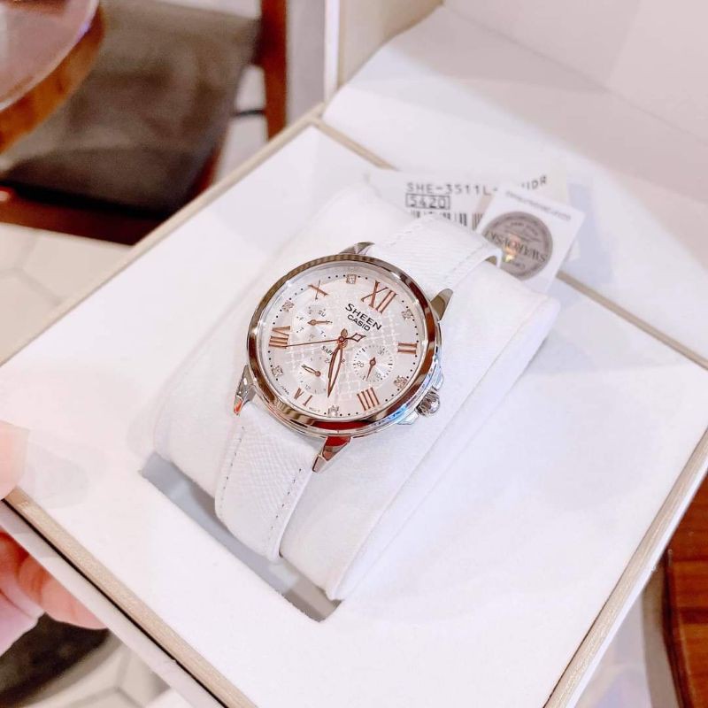 Đồng hồ kim nữ dây da Casio SHEEN SHE 3511L full trắng chính hãng giá rẻ