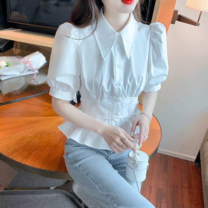 Áo sơ mi Ielgy tay ngắn nhún bèo màu trắng thời trang cho nữ