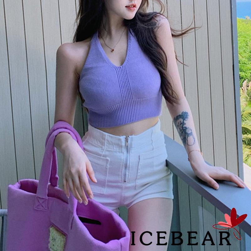 Áo croptop dệt kim không tay cổ chữ V màu trơn thời trang cho nữ