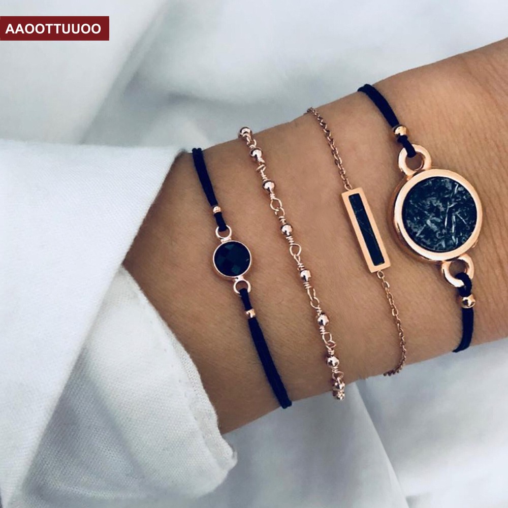 Set 4 Vòng Tay Thời Trang Đính Đá Turquoise Đen Cho Nữ