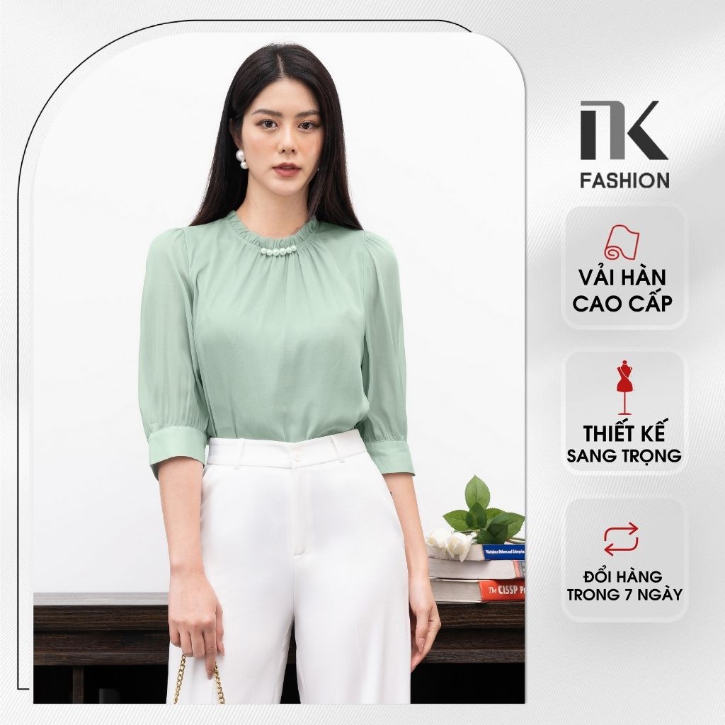 Áo Sơ Mi Tay Lỡ Công Sở Nữ NK Fashion Cổ Đính Ngọc Điệu Đà, Vải Nhập Hàn Cao Cấp Mềm Mại NKSM2202003