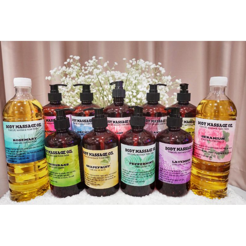 DẦU MASSAGE( SẢ CHANH, SẢ, BẠC HÀ, LÀI, HOA HỒNG, LAVENDER, LAN, QUẾ, TRÀ XANH, BABY OIL, KHÔNG MÙI)) 1000 ML