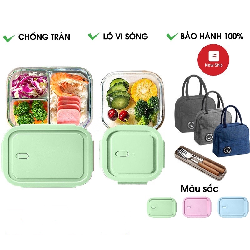 Hộp đựng cơm thủy tinh cao cấp đủ kích thước, Hộp cơm thủy tinh có kèm đũa thìa inox