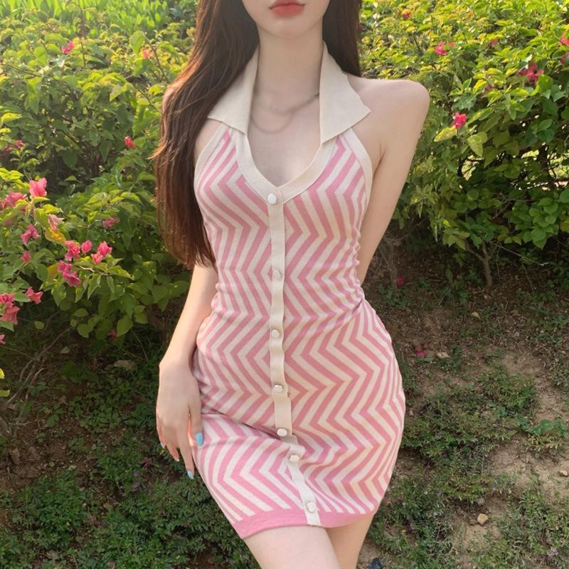 Đầm Nữ Kẻ Sọc Dáng Ôm Không Tay Cổ Chữ V Gợi Cảm Thời Trang