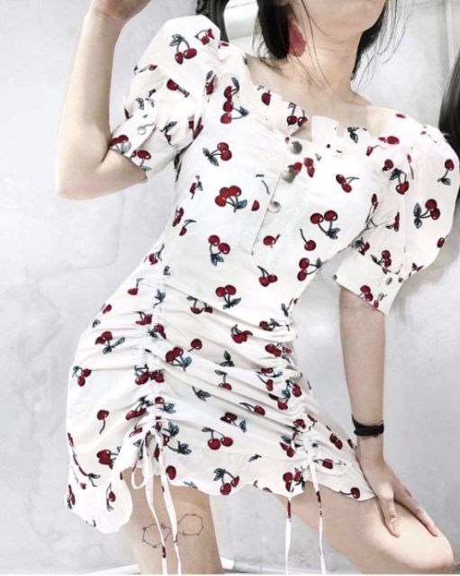 ĐẦM TRẮNG HỌA TIẾC CHERRY CỔ VUÔNG TRỄ VAI RÚT DÂY ĐUÔI CÁ | BigBuy360 - bigbuy360.vn