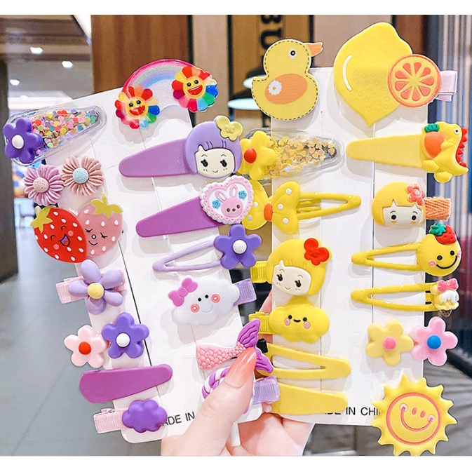 Kẹp cute, set kẹp tóc  màu xanh 14 chi tiết hình thú, Kẹp tóc mái màu xanh dương phối bông hoa cho bé gái, dễ thương