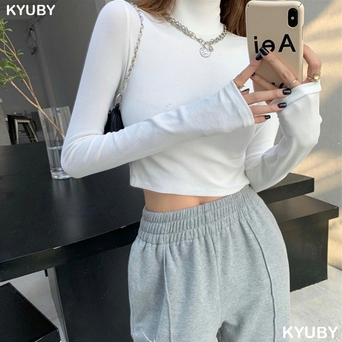 Áo croptop dài tay cổ lọ KYUBY Áo thun nữ cổ lọ dáng croptop tay dài