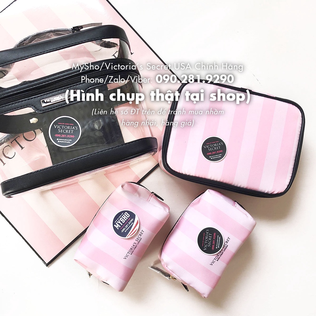 Bộ 4 túi trang điểm hồng phối sọc cá tính  - Hàng nhập Victoria's Secret USA