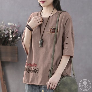 Áo phông nữ dáng rộng in hoạ tiết Thái Lan