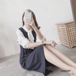 Đầm phối sơ mi trắng cột nơ