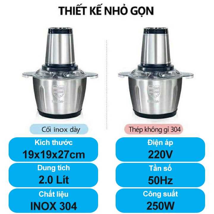 Máy Xay Thực Phẩm Đa Năng 4 Lưỡi Thép Không Gỉ, Máy Xay Thịt Cối INOX 304 Dung Tích 2L, Công Suất 250W Bảo Hành 12 Tháng