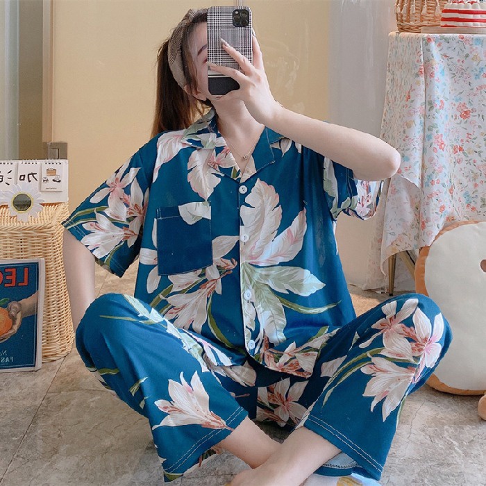 Bộ Đồ Ngủ Tay Ngắn Vải Cotton In Họa Tiết Thời Trang Xinh Xắn Cho Nữ