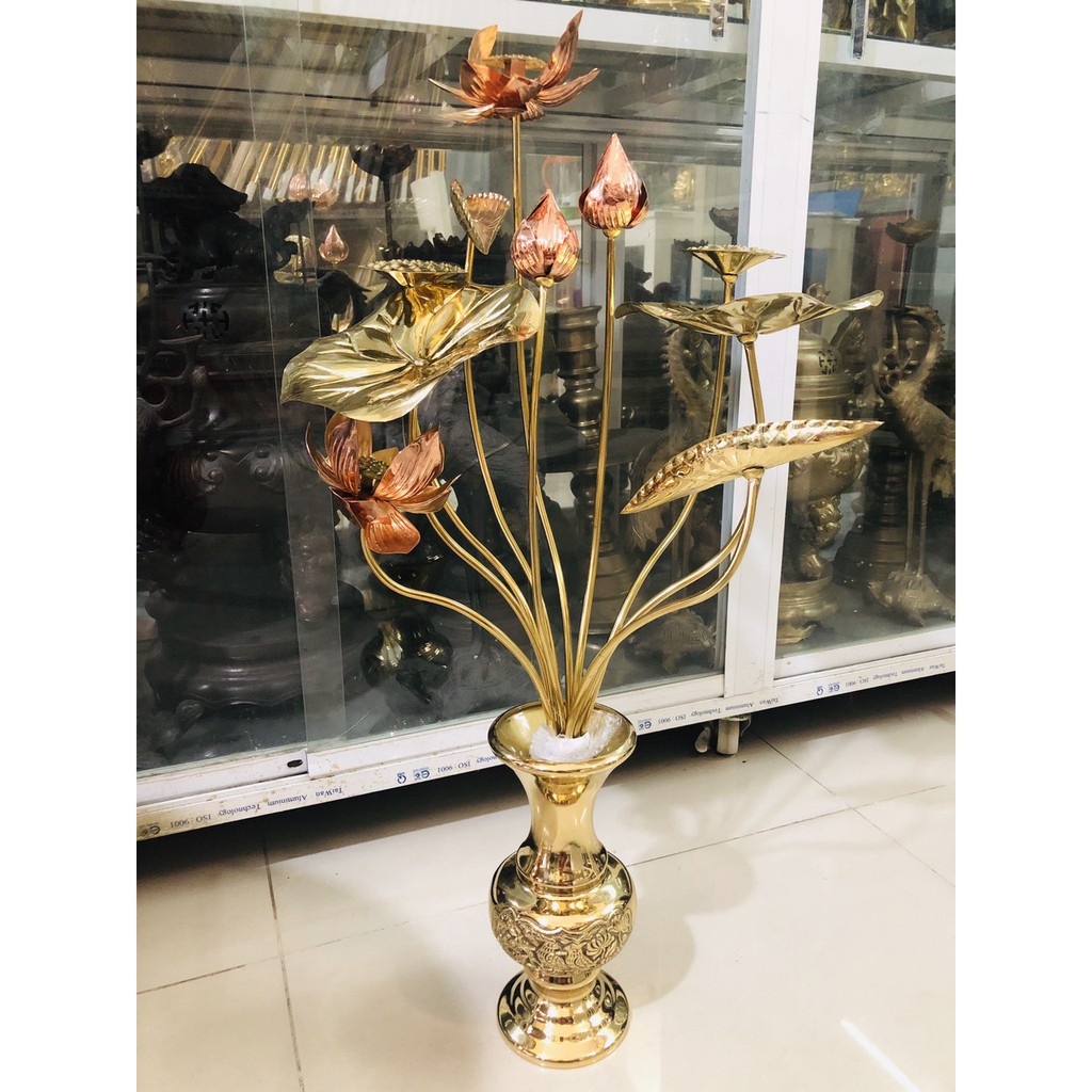 Hoa sen đồng thờ cúng bằng đồng vàng bó 10 cành gồm hoa ,lá,nụ,cao 65cm,phù hợp thờ cúng gia tiên,đình chùa